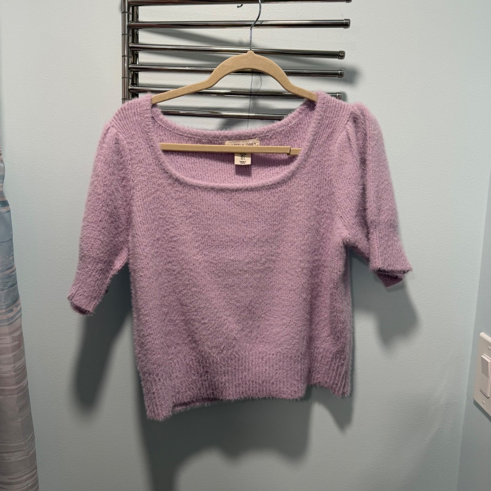 Happily Grey Fuzzy Knit Top Lavender Large Puff Sleeve‎ Feminine Casual Office
